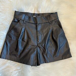 Zara Black Faux Leather High-Waist Pleated Shorts